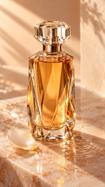 Faceted amber perfume glass with luminous reflections and water ripples